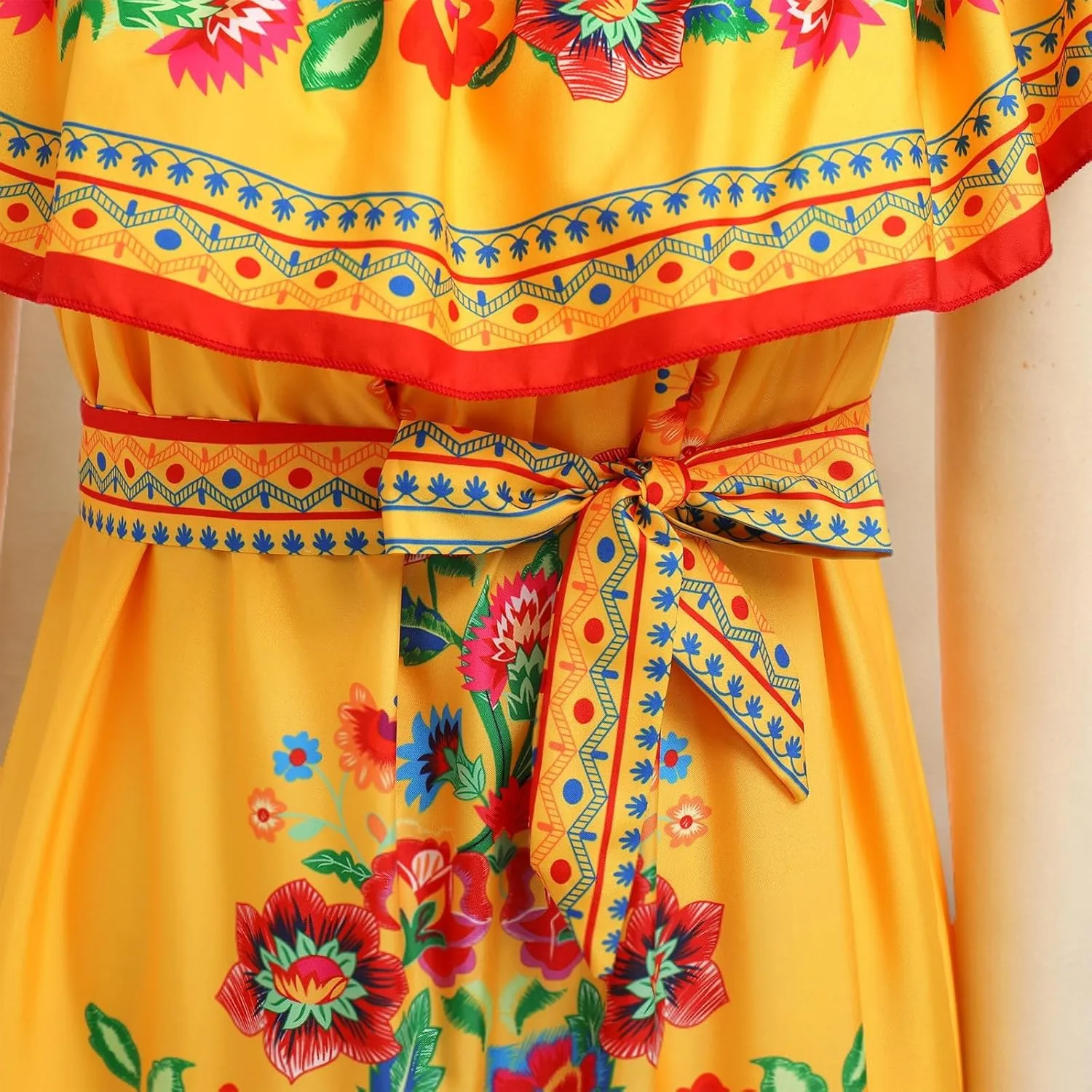 Women Mexican Dress Summer Floral Print Traditional Ethnic Wear Off Shoulder Beach Holiday Party Long Maxi Gowns