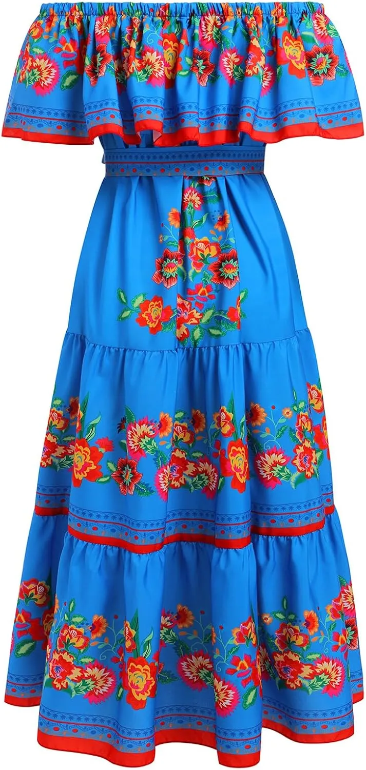 Women Mexican Dress Summer Floral Print Traditional Ethnic Wear Off Shoulder Beach Holiday Party Long Maxi Gowns