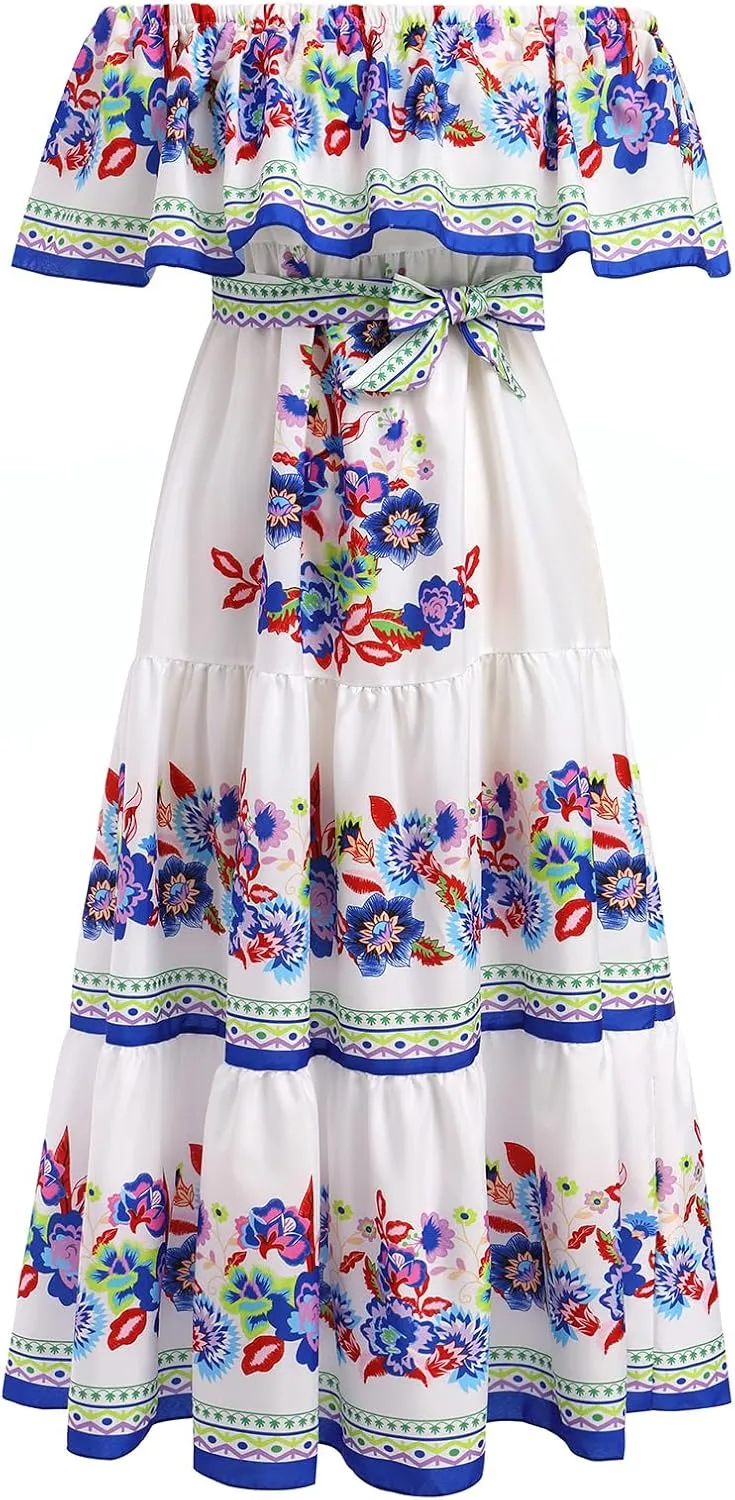 Women Mexican Dress Summer Floral Print Traditional Ethnic Wear Off Shoulder Beach Holiday Party Long Maxi Gowns