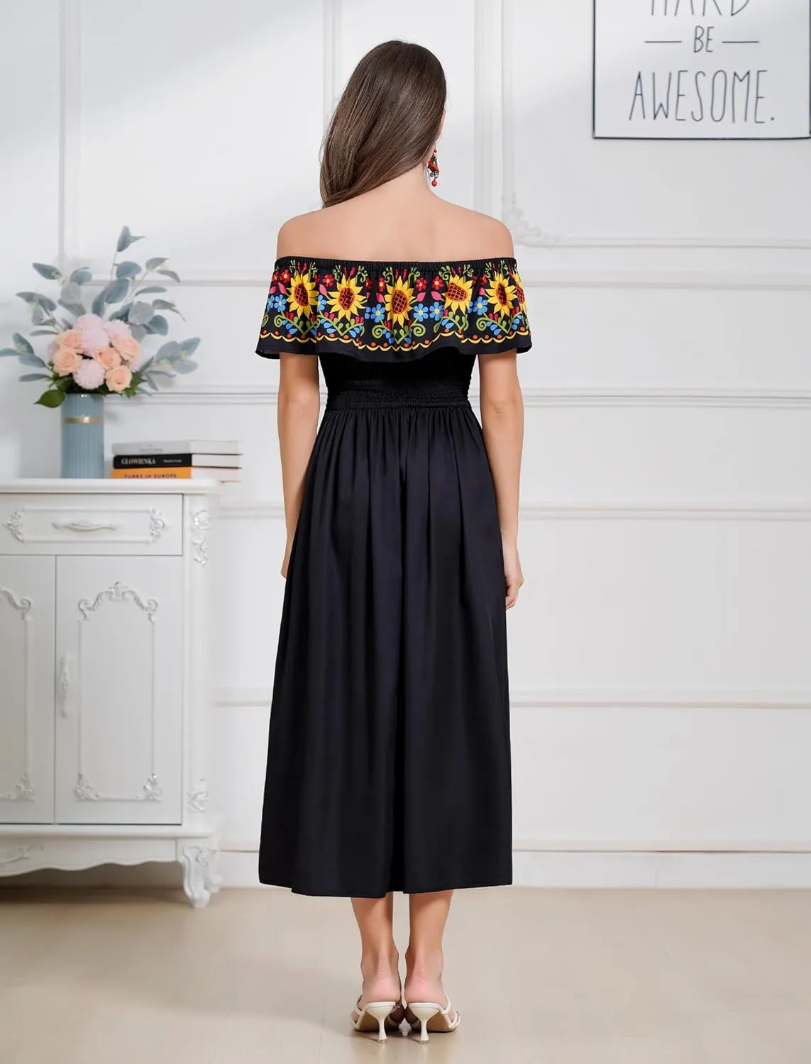 Women Mexican Dress Summer Floral Print Traditional Ethnic Wear Off Shoulder Beach Holiday Party Long Maxi Gowns