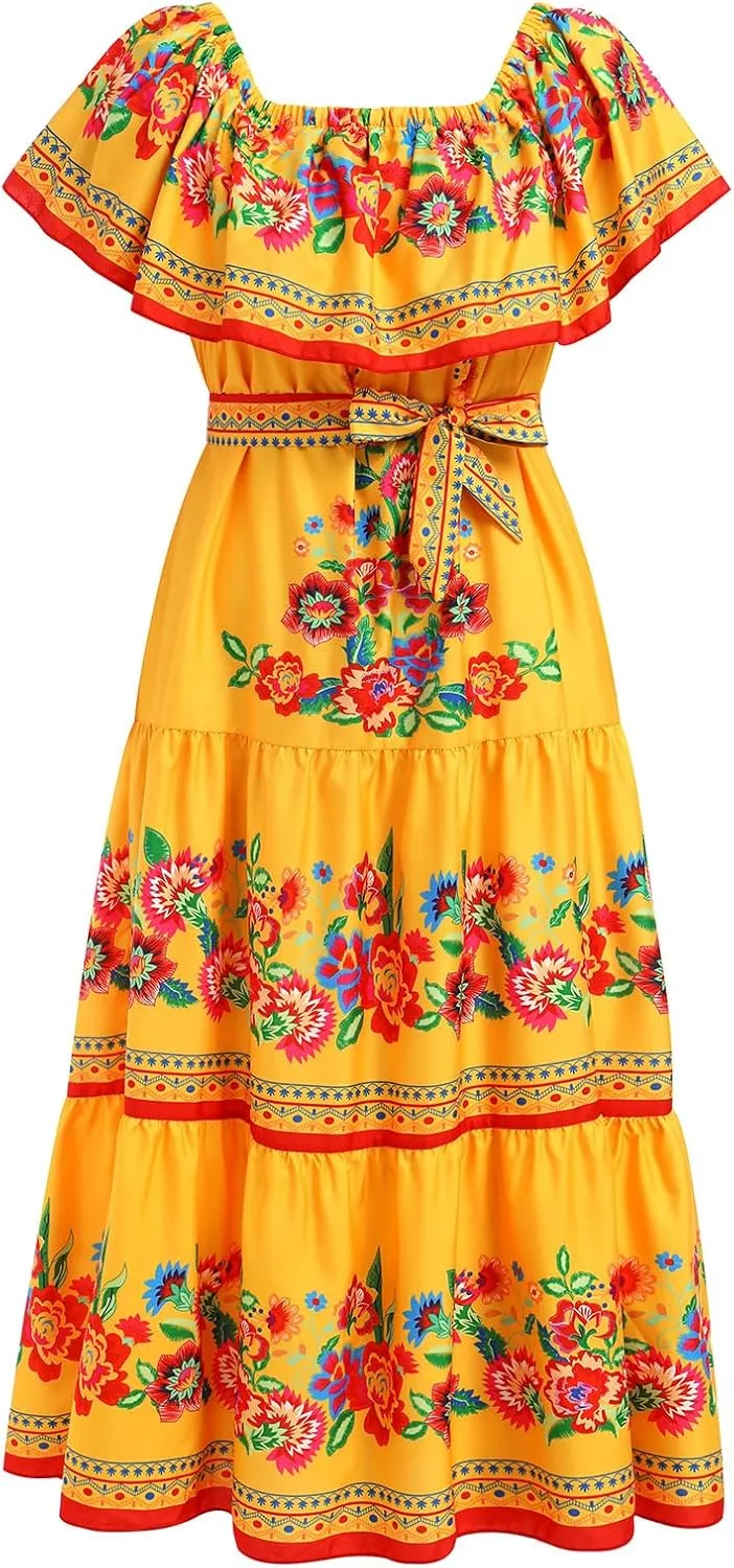 Women Mexican Dress Summer Floral Print Traditional Ethnic Wear Off Shoulder Beach Holiday Party Long Maxi Gowns