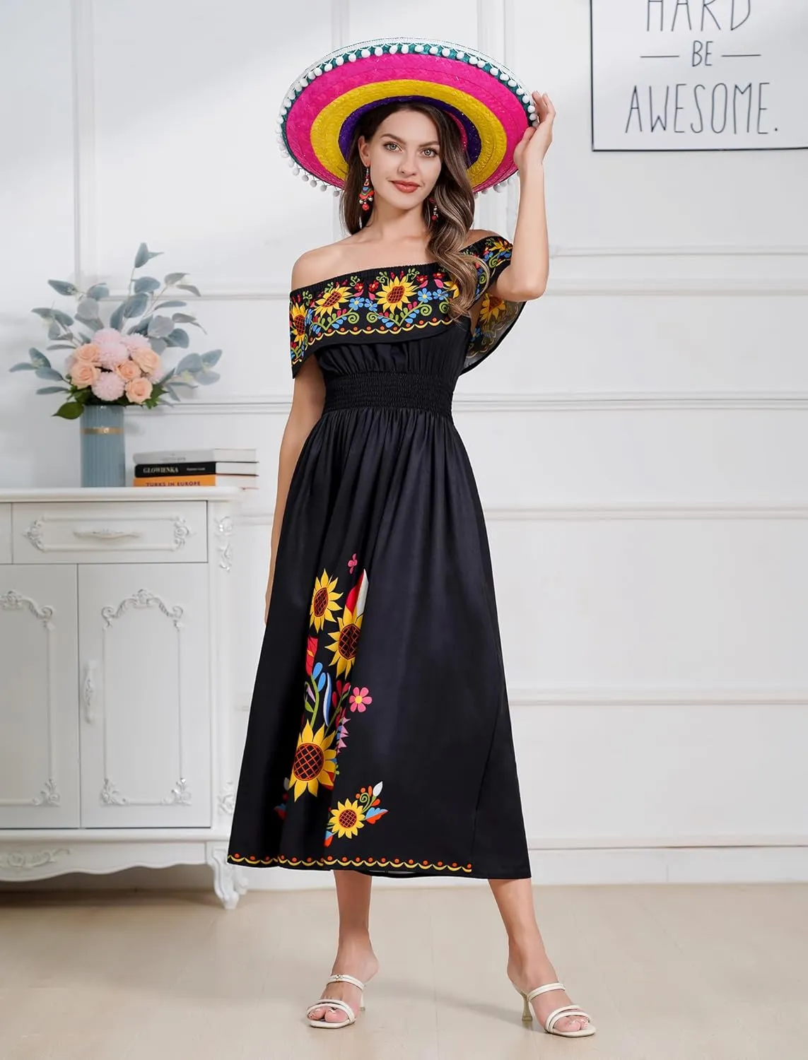 Women Mexican Dress Summer Floral Print Traditional Ethnic Wear Off Shoulder Beach Holiday Party Long Maxi Gowns
