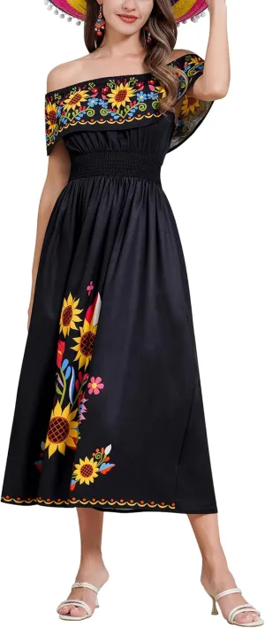 Women Mexican Dress Summer Floral Print Traditional Ethnic Wear Off Shoulder Beach Holiday Party Long Maxi Gowns
