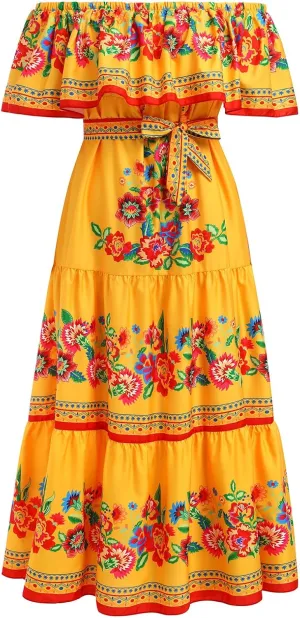 Women Mexican Dress Summer Floral Print Traditional Ethnic Wear Off Shoulder Beach Holiday Party Long Maxi Gowns