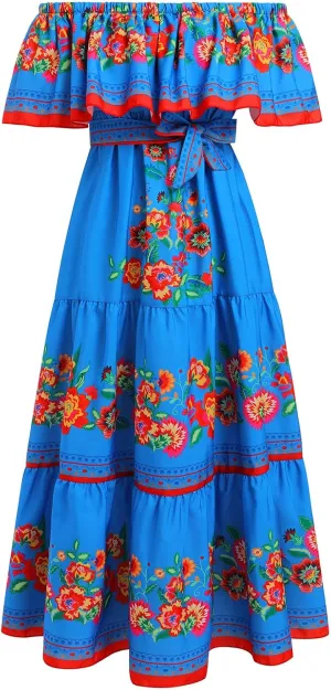 Women Mexican Dress Summer Floral Print Traditional Ethnic Wear Off Shoulder Beach Holiday Party Long Maxi Gowns