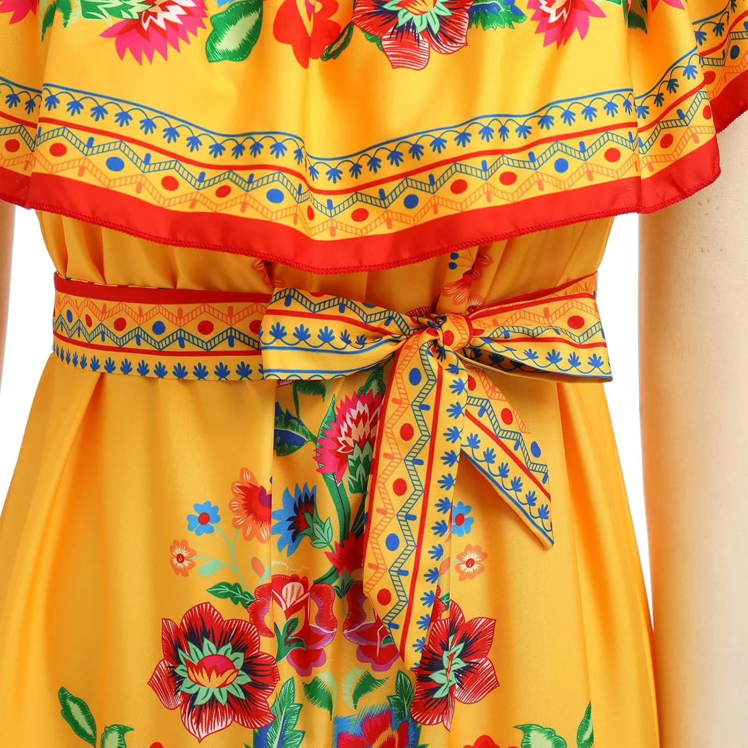 Women Mexican Dress Summer Floral Print Traditional Ethnic Wear Off Shoulder Beach Holiday Party Long Maxi Gowns