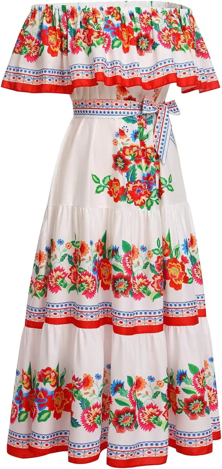 Women Mexican Dress Summer Floral Print Traditional Ethnic Wear Off Shoulder Beach Holiday Party Long Maxi Gowns