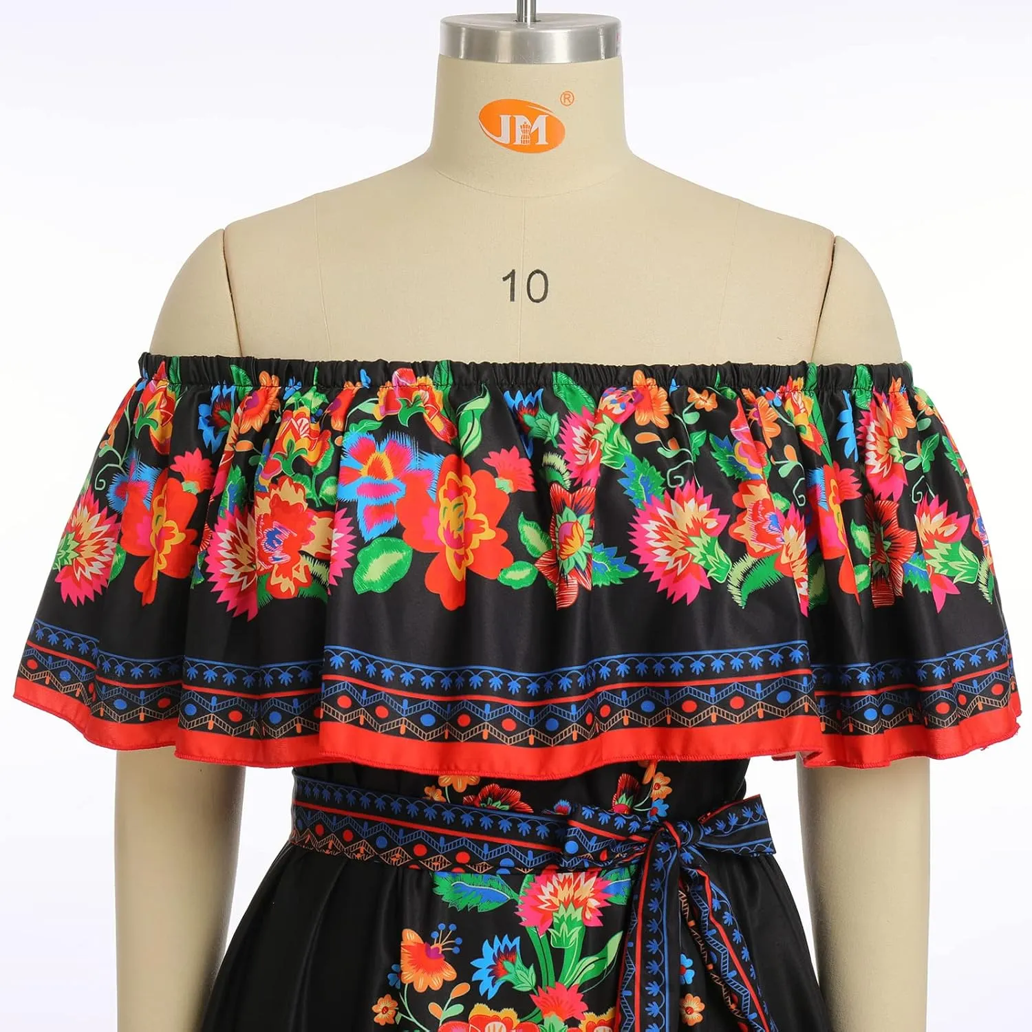 Women Mexican Dress Summer Floral Print Traditional Ethnic Wear Off Shoulder Beach Holiday Party Long Maxi Gowns