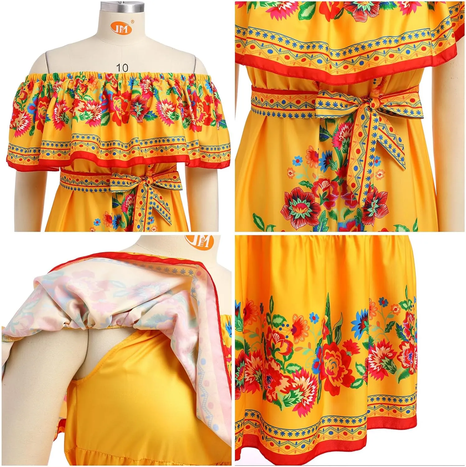 Women Mexican Dress Summer Floral Print Traditional Ethnic Wear Off Shoulder Beach Holiday Party Long Maxi Gowns