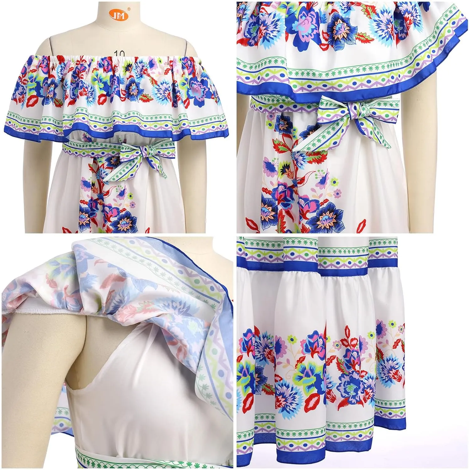 Women Mexican Dress Summer Floral Print Traditional Ethnic Wear Off Shoulder Beach Holiday Party Long Maxi Gowns