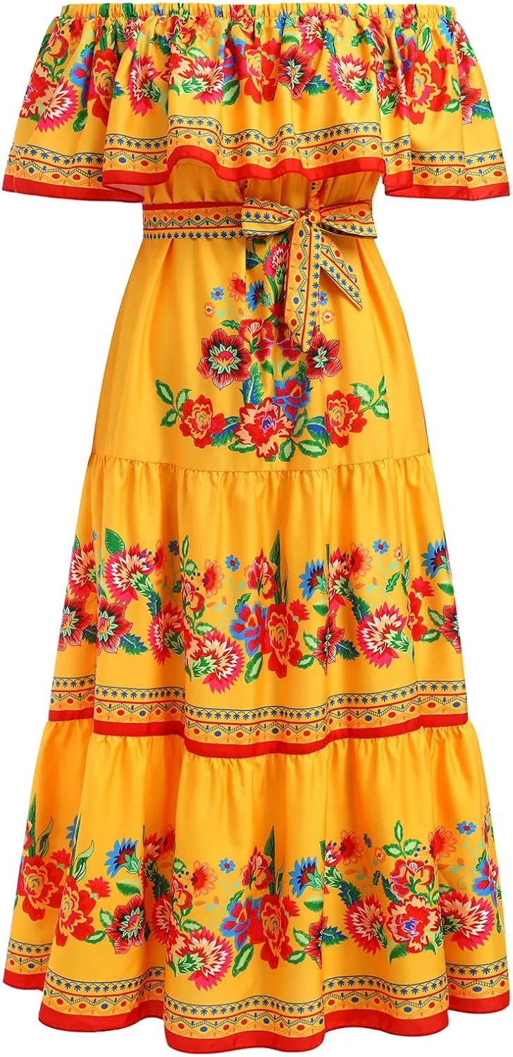 Women Mexican Dress Summer Floral Print Traditional Ethnic Wear Off Shoulder Beach Holiday Party Long Maxi Gowns