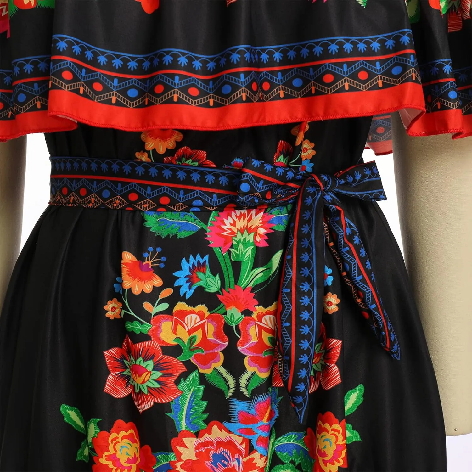 Women Mexican Dress Summer Floral Print Traditional Ethnic Wear Off Shoulder Beach Holiday Party Long Maxi Gowns