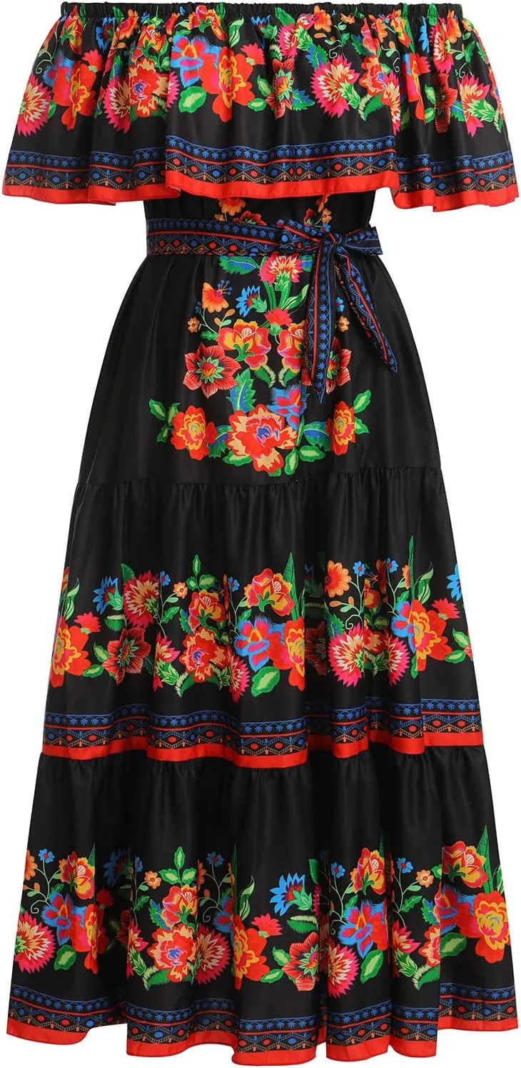 Women Mexican Dress Summer Floral Print Traditional Ethnic Wear Off Shoulder Beach Holiday Party Long Maxi Gowns