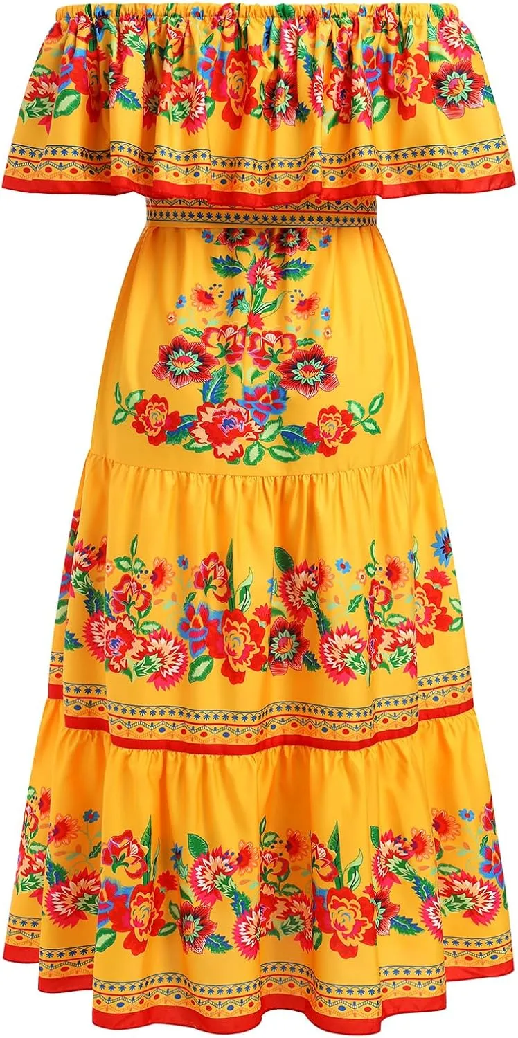 Women Mexican Dress Summer Floral Print Traditional Ethnic Wear Off Shoulder Beach Holiday Party Long Maxi Gowns