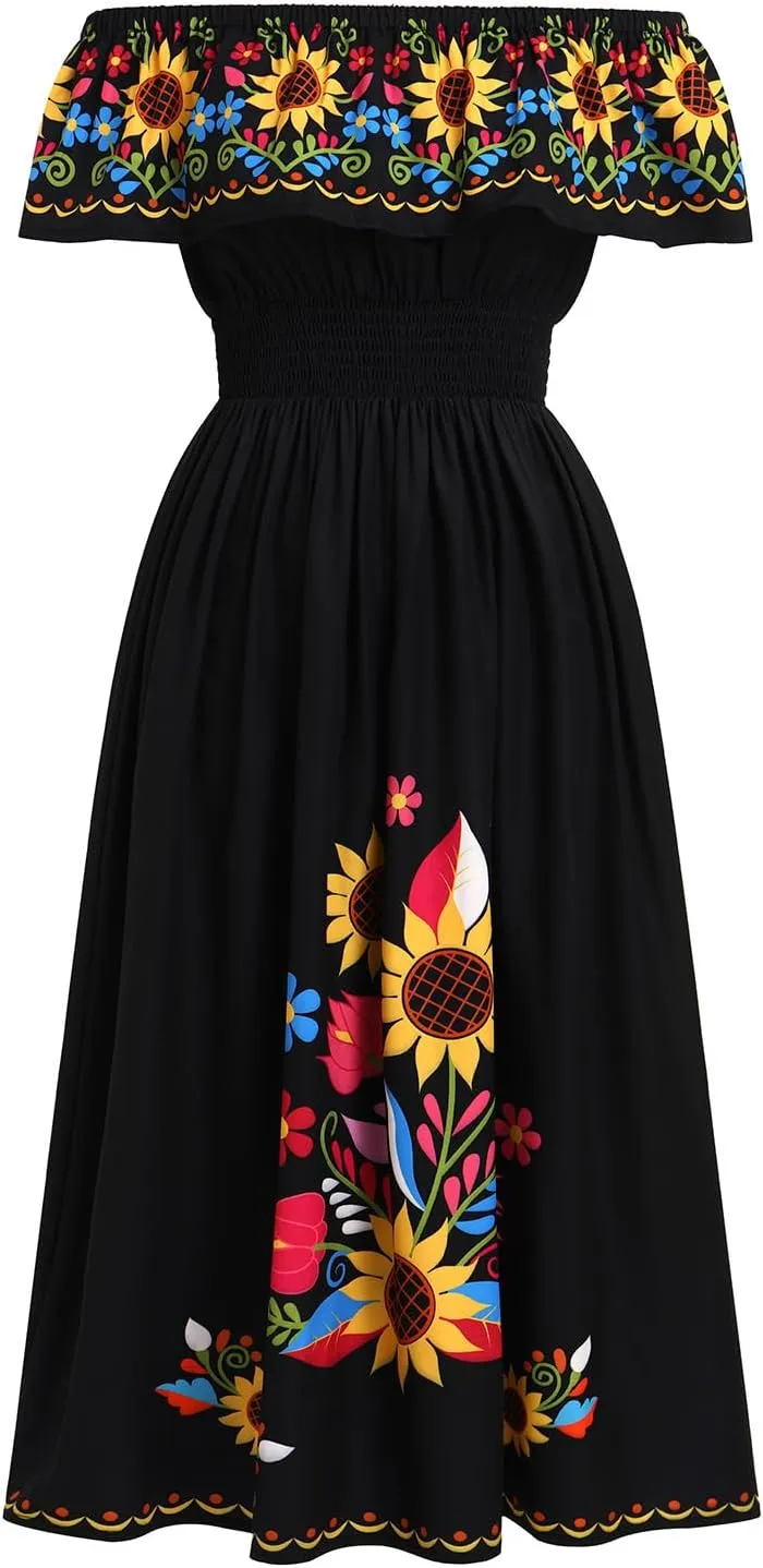 Women Mexican Dress Summer Floral Print Traditional Ethnic Wear Off Shoulder Beach Holiday Party Long Maxi Gowns