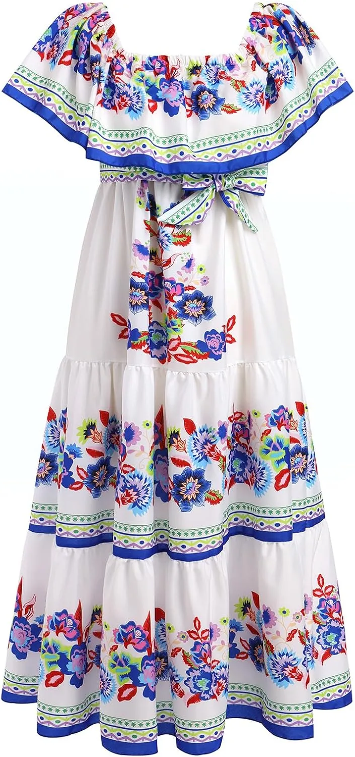 Women Mexican Dress Summer Floral Print Traditional Ethnic Wear Off Shoulder Beach Holiday Party Long Maxi Gowns