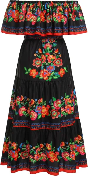 Women Mexican Dress Summer Floral Print Traditional Ethnic Wear Off Shoulder Beach Holiday Party Long Maxi Gowns