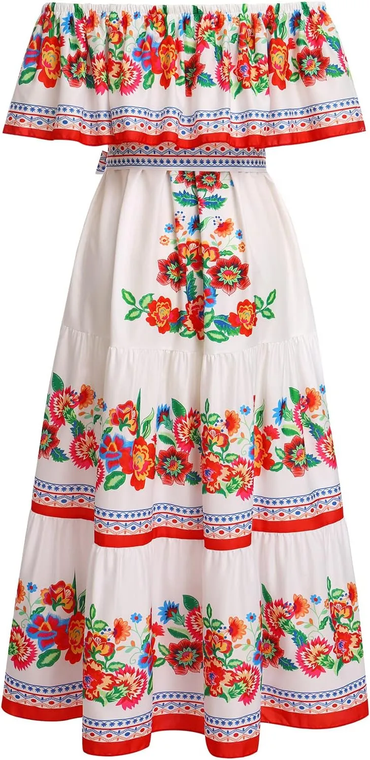 Women Mexican Dress Summer Floral Print Traditional Ethnic Wear Off Shoulder Beach Holiday Party Long Maxi Gowns