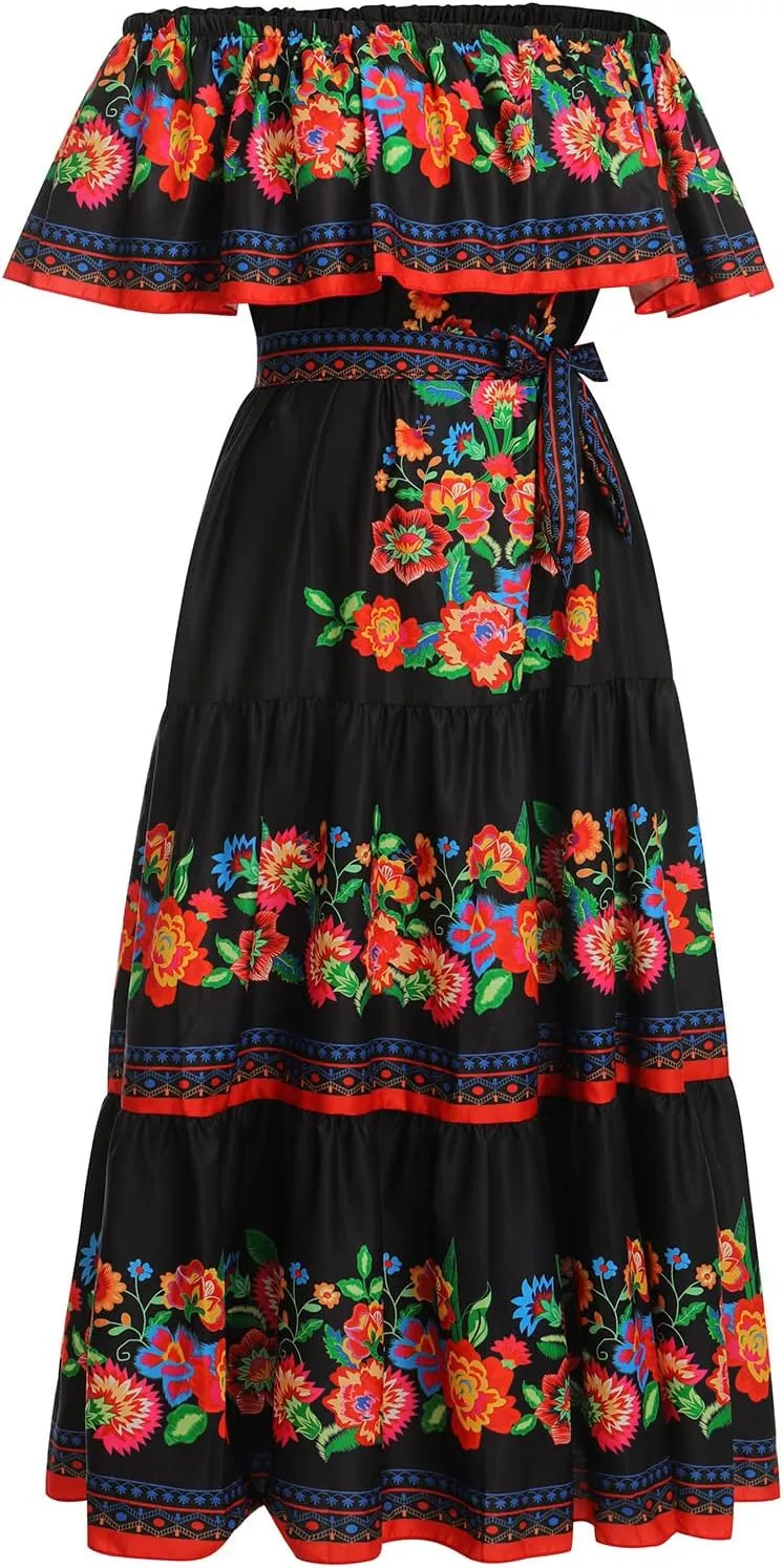 Women Mexican Dress Summer Floral Print Traditional Ethnic Wear Off Shoulder Beach Holiday Party Long Maxi Gowns
