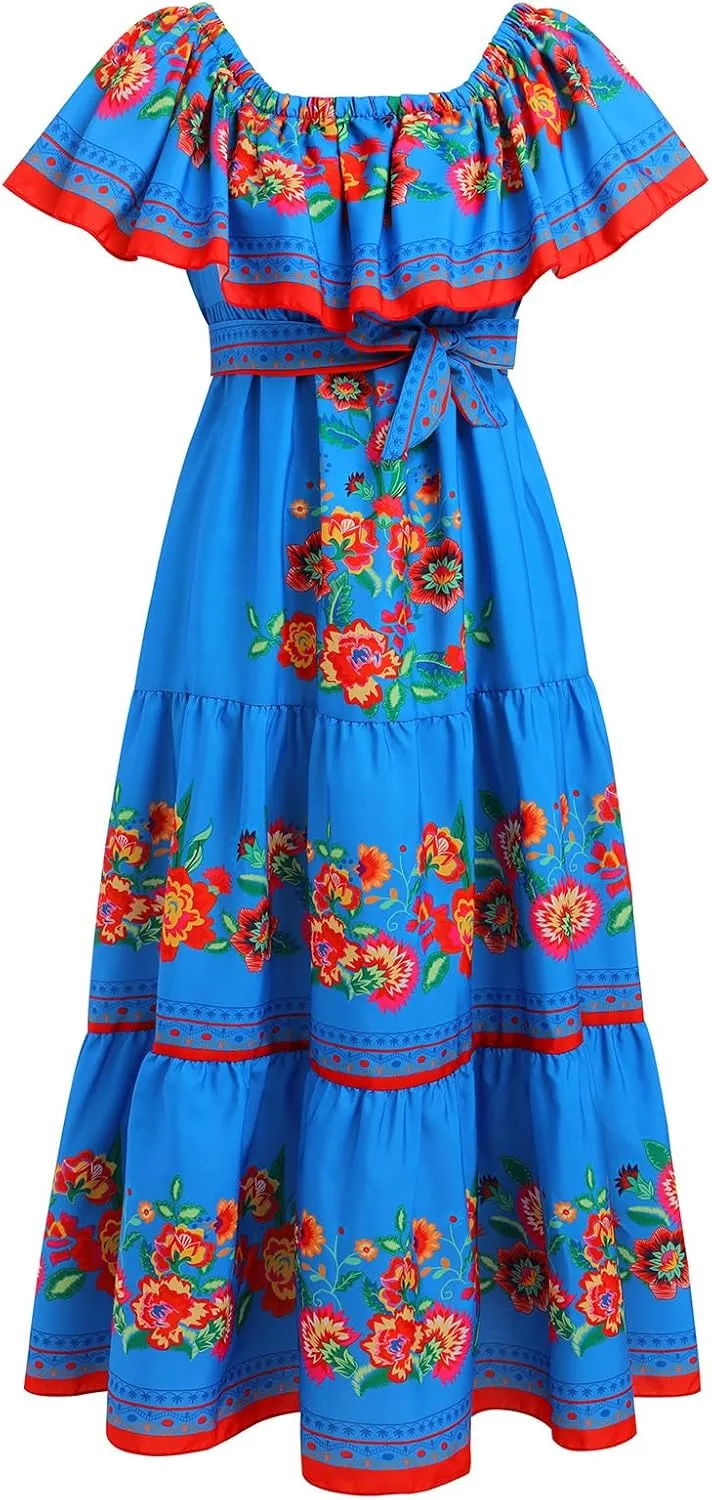 Women Mexican Dress Summer Floral Print Traditional Ethnic Wear Off Shoulder Beach Holiday Party Long Maxi Gowns