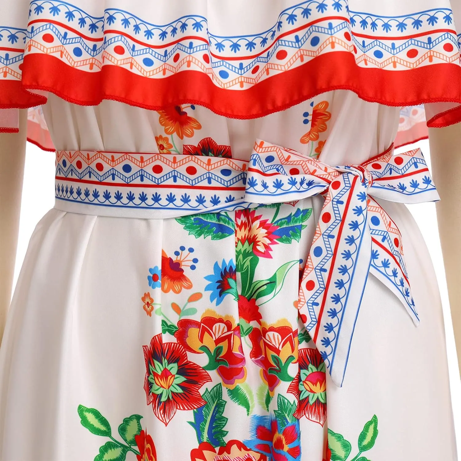 Women Mexican Dress Summer Floral Print Traditional Ethnic Wear Off Shoulder Beach Holiday Party Long Maxi Gowns