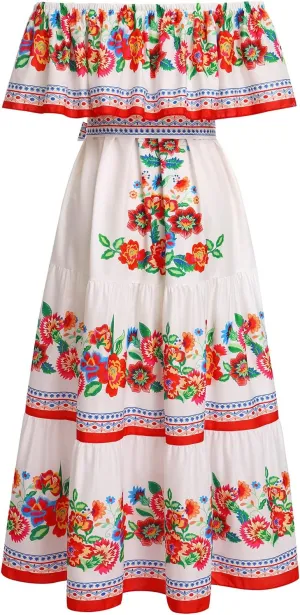 Women Mexican Dress Summer Floral Print Traditional Ethnic Wear Off Shoulder Beach Holiday Party Long Maxi Gowns