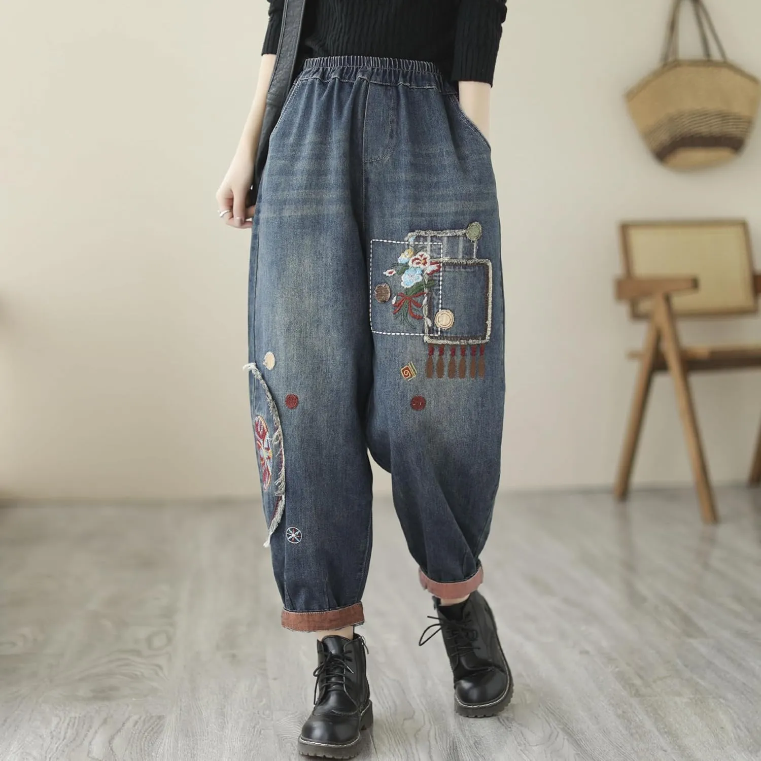 Women Retro Patch Embroidered Printed Loose Jeans Casual Ripped Jeans Harem Pants