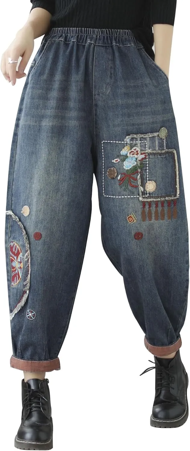 Women Retro Patch Embroidered Printed Loose Jeans Casual Ripped Jeans Harem Pants