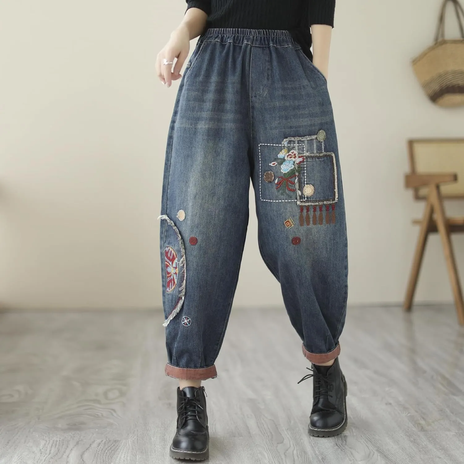 Women Retro Patch Embroidered Printed Loose Jeans Casual Ripped Jeans Harem Pants