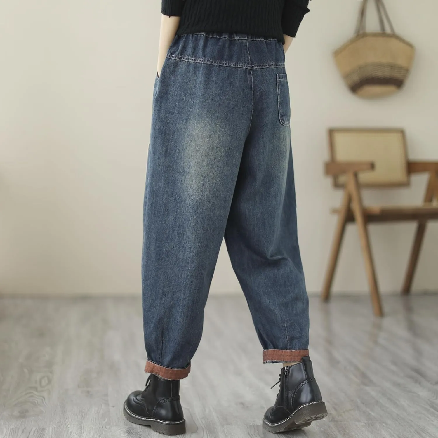 Women Retro Patch Embroidered Printed Loose Jeans Casual Ripped Jeans Harem Pants