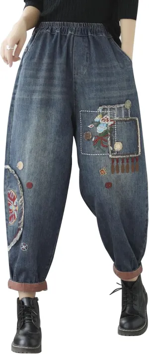 Women Retro Patch Embroidered Printed Loose Jeans Casual Ripped Jeans Harem Pants