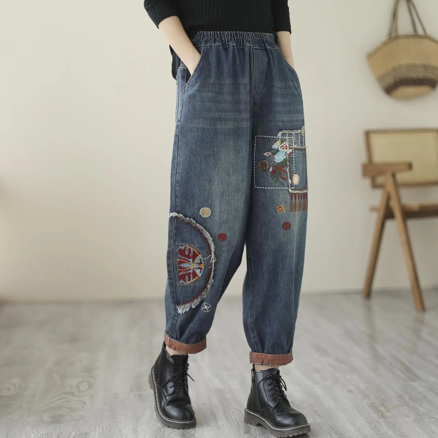 Women Retro Patch Embroidered Printed Loose Jeans Casual Ripped Jeans Harem Pants