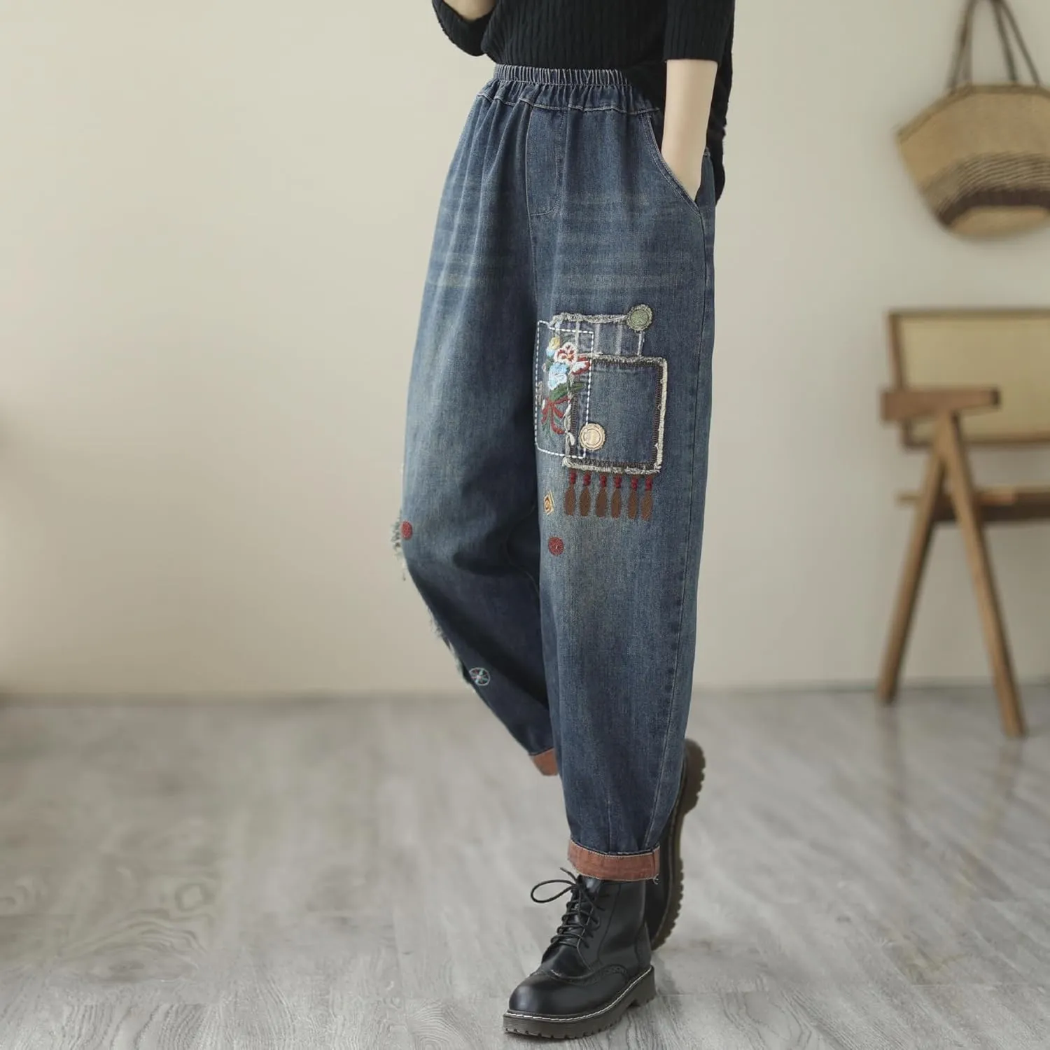 Women Retro Patch Embroidered Printed Loose Jeans Casual Ripped Jeans Harem Pants