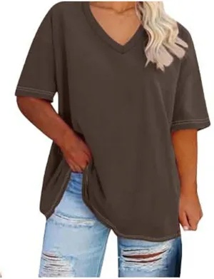 Women Short Sleeves Plus Size T-Shirt Fashion Solid Color Classic V-Neck Base Shirts Loose Casual Comfy Blouse Top