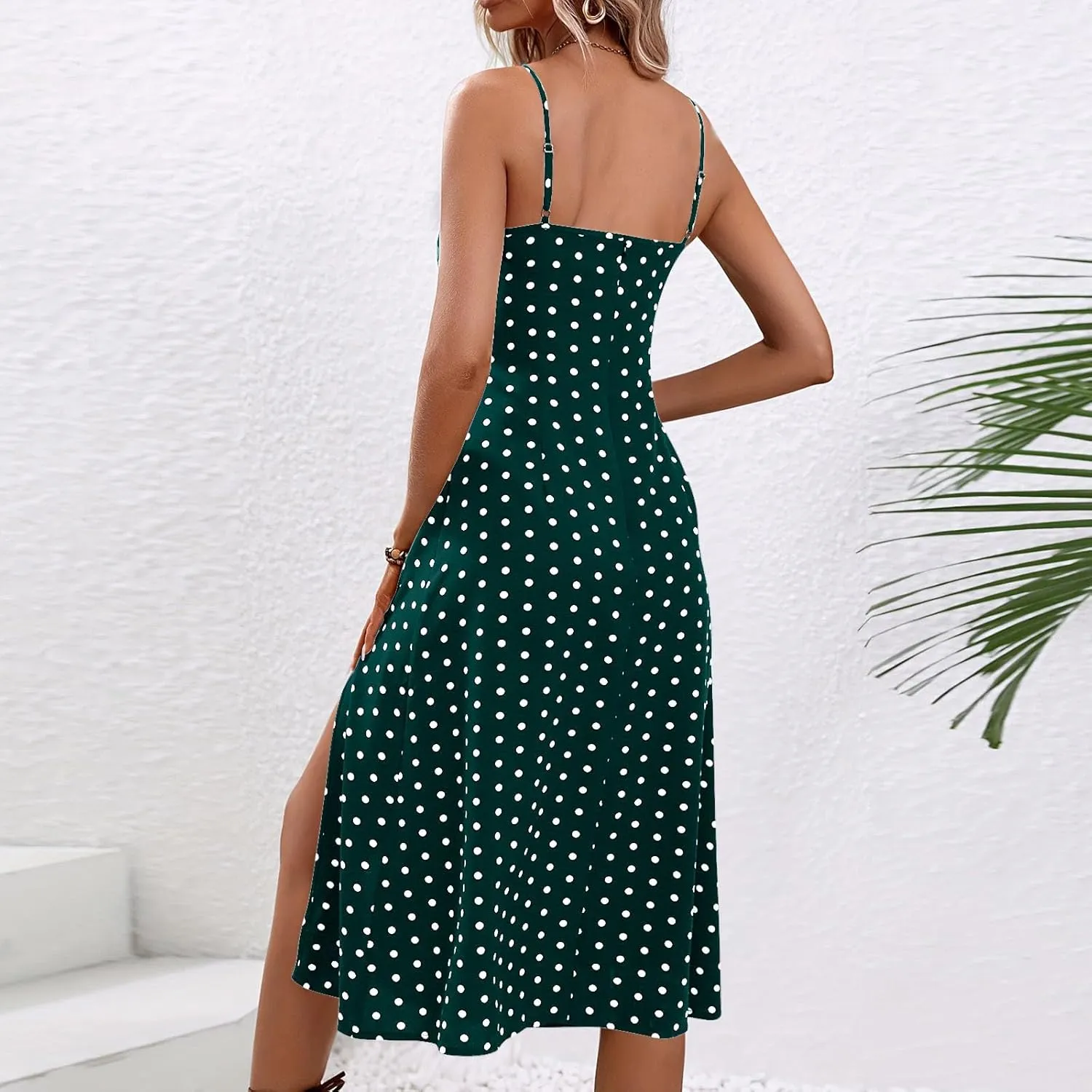 Women Spaghetti Strap Midi Dresses Summer Sleeveless Side Split Cami Sundress Polka Dot Print Evening Party Gown Dress