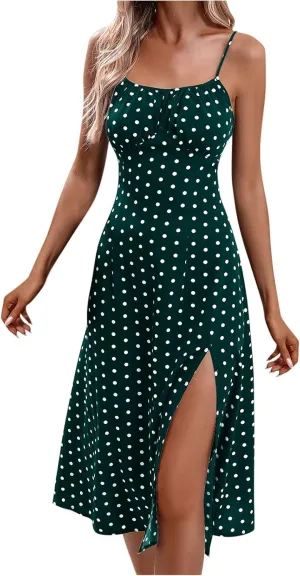 Women Spaghetti Strap Midi Dresses Summer Sleeveless Side Split Cami Sundress Polka Dot Print Evening Party Gown Dress
