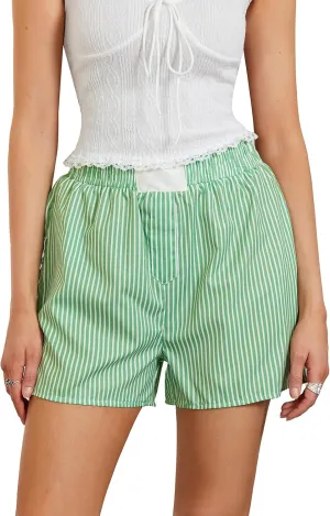 Women Striped Boxer Shorts Pajamas Bottoms Shorts High Waist Micro Shorts Y2k Cute Pj Lounge Shorts Sleepwear