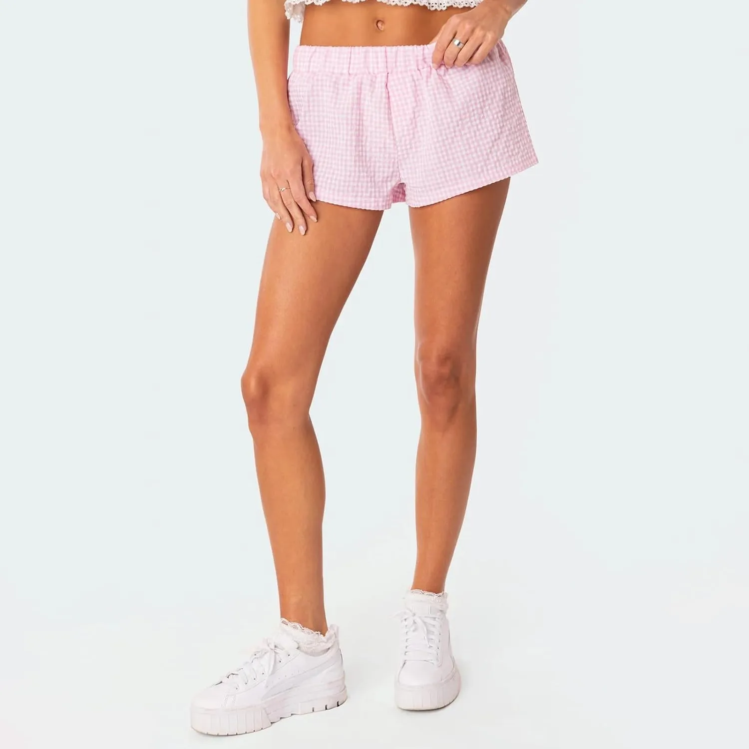 Women Y2k Boxer Shorts Plaid Elastic Waist Wide Leg Lounge Shorts Gingham Pjs Shorts Checkered Micro Shorts Bottoms