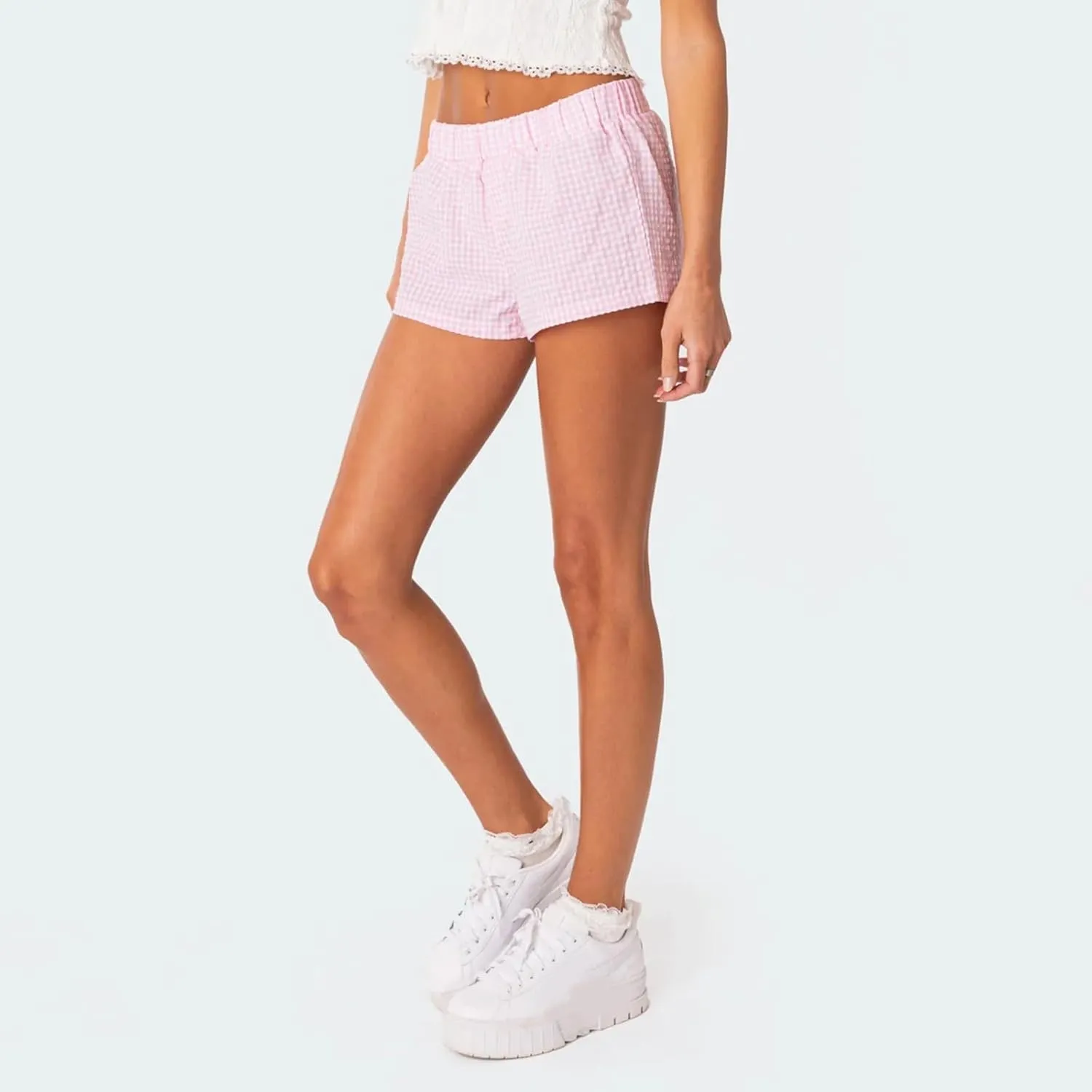 Women Y2k Boxer Shorts Plaid Elastic Waist Wide Leg Lounge Shorts Gingham Pjs Shorts Checkered Micro Shorts Bottoms