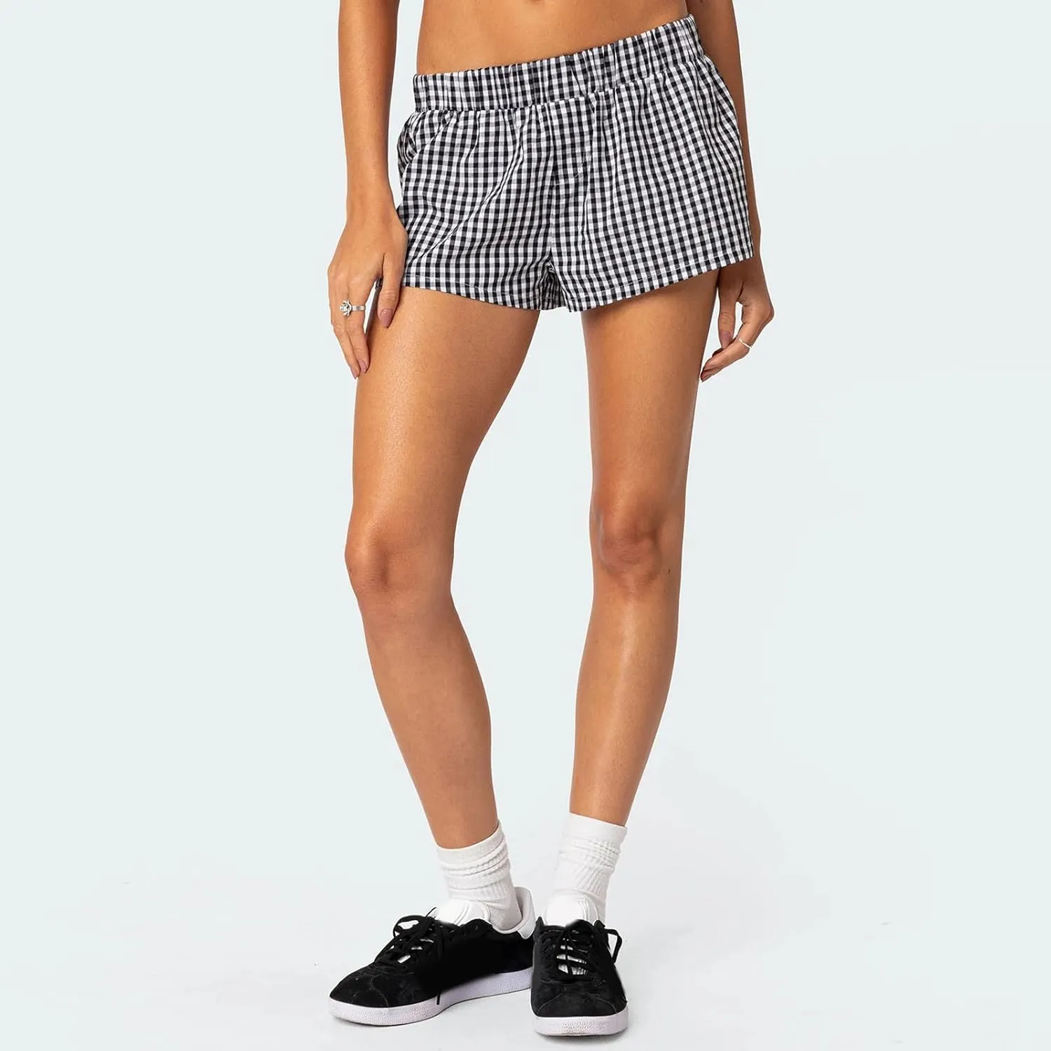 Women Y2k Boxer Shorts Plaid Elastic Waist Wide Leg Lounge Shorts Gingham Pjs Shorts Checkered Micro Shorts Bottoms