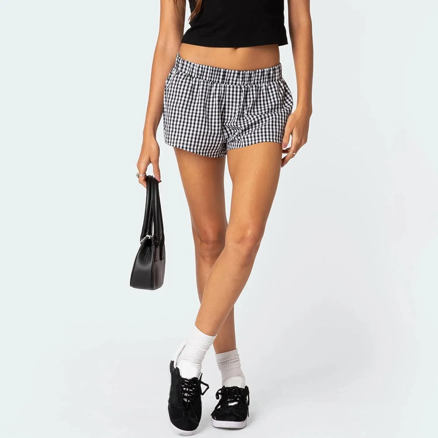 Women Y2k Boxer Shorts Plaid Elastic Waist Wide Leg Lounge Shorts Gingham Pjs Shorts Checkered Micro Shorts Bottoms
