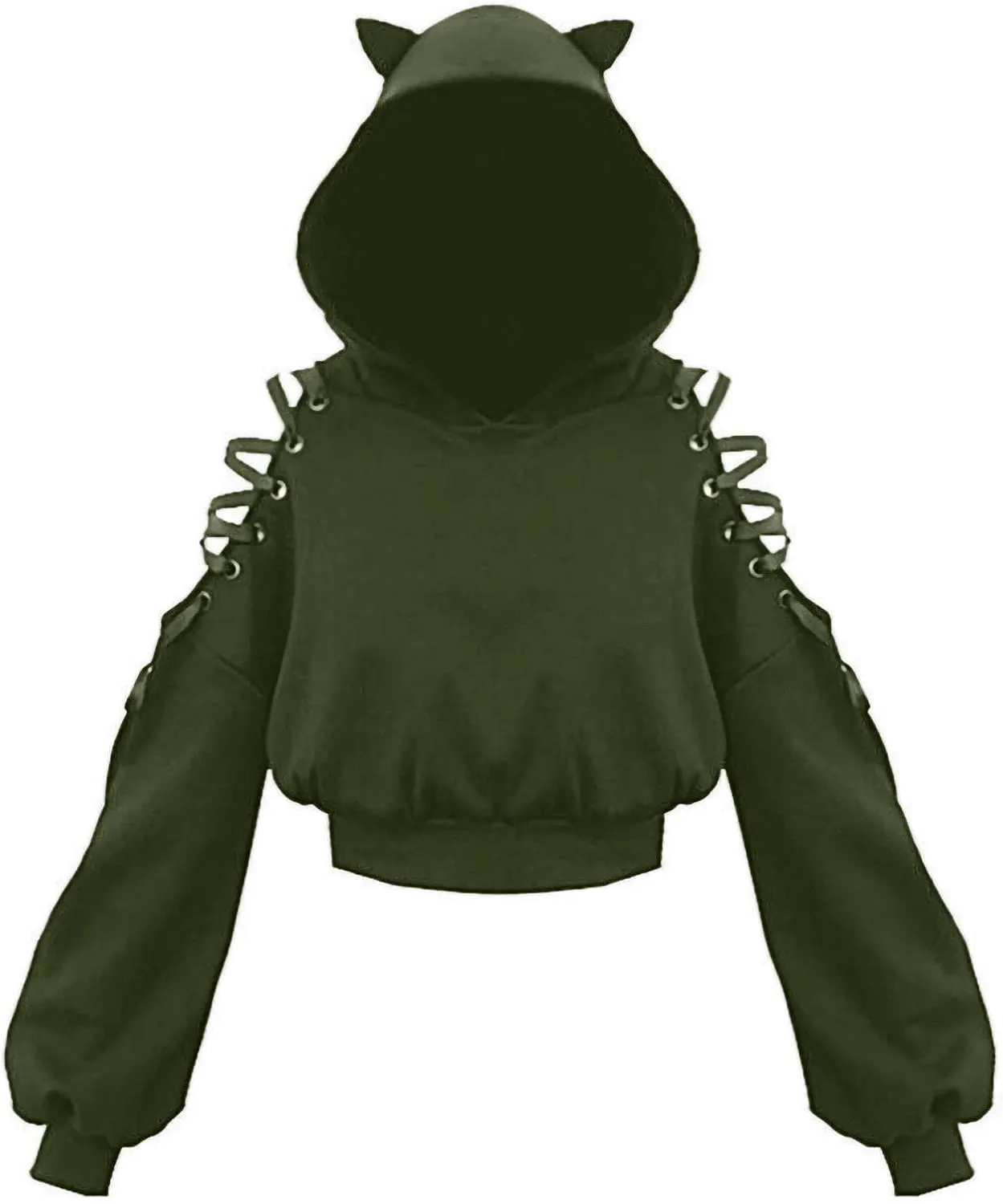 Women Y2k Hoodies, Womens Long Sleeve Cute Cat Ear Pullover Hoodie Crop Top Gothic Cold Shoulder Lace Up Sweatshirt