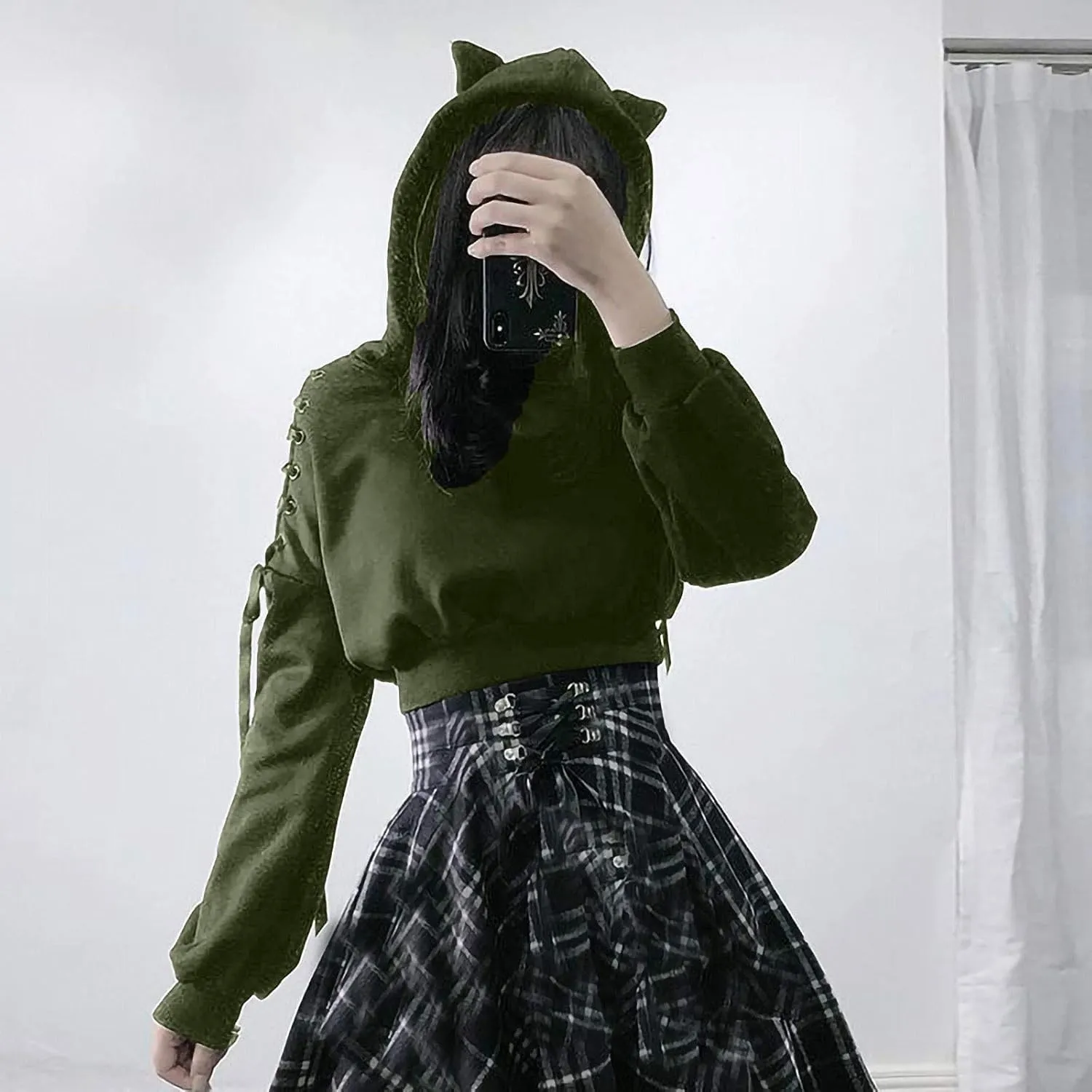 Women Y2k Hoodies, Womens Long Sleeve Cute Cat Ear Pullover Hoodie Crop Top Gothic Cold Shoulder Lace Up Sweatshirt