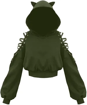 Women Y2k Hoodies, Womens Long Sleeve Cute Cat Ear Pullover Hoodie Crop Top Gothic Cold Shoulder Lace Up Sweatshirt