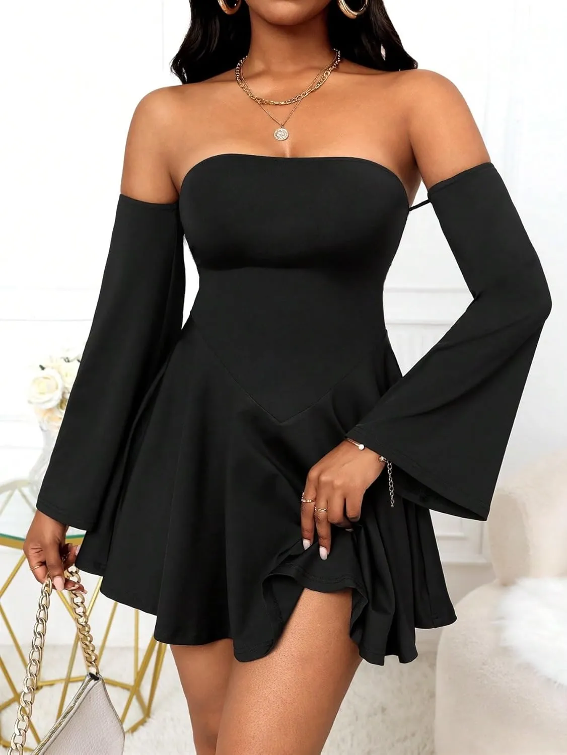 Women's 2025 New Dress Off-Shoulder Long Sleeve Ruffle Hem Mini Dress