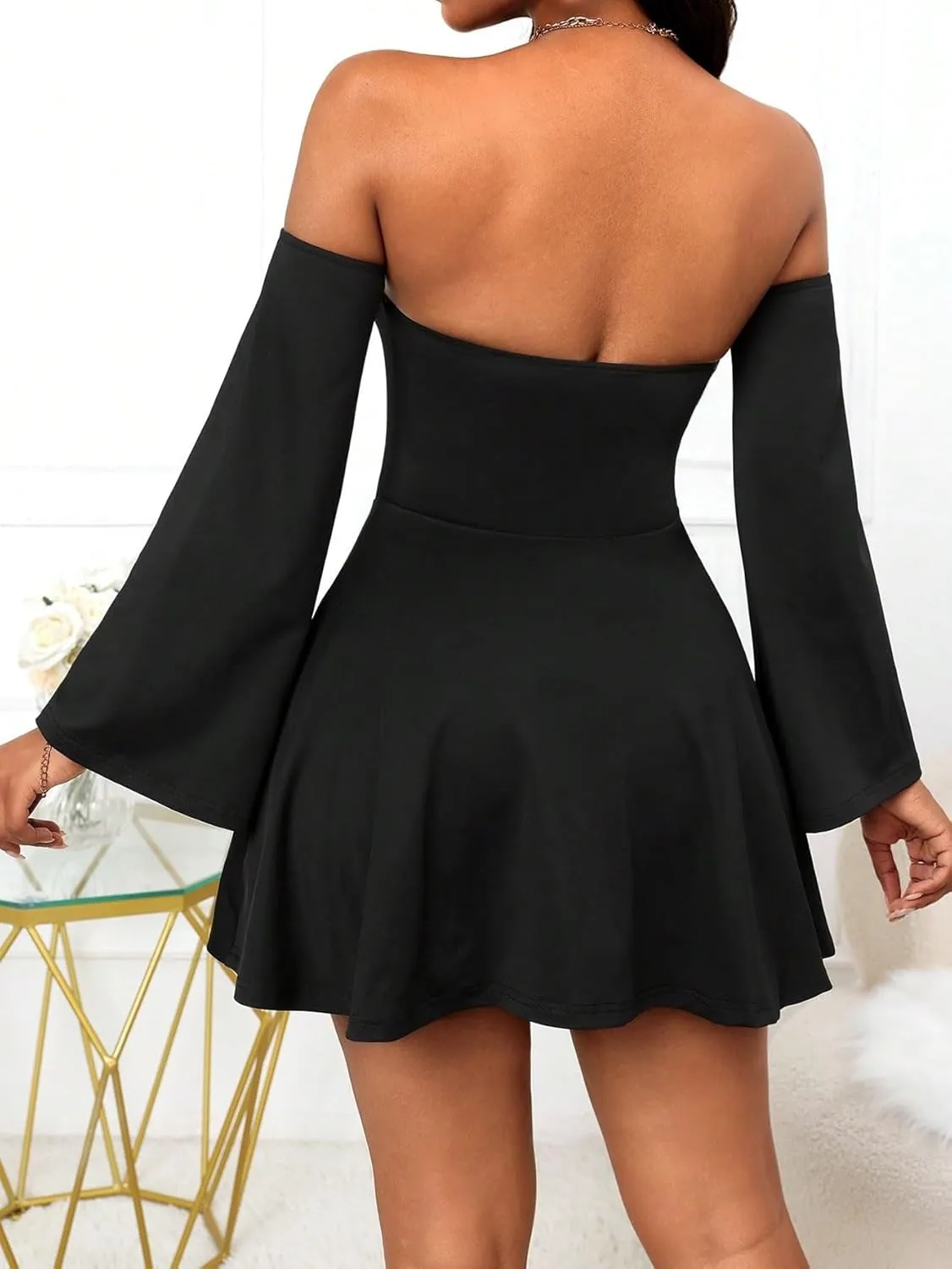Women's 2025 New Dress Off-Shoulder Long Sleeve Ruffle Hem Mini Dress