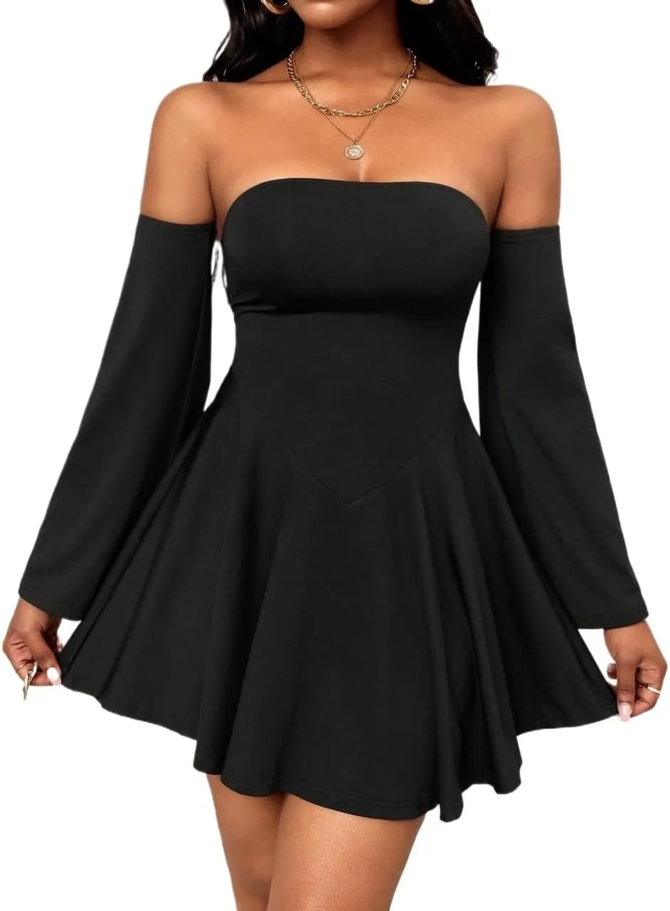 Women's 2025 New Dress Off-Shoulder Long Sleeve Ruffle Hem Mini Dress