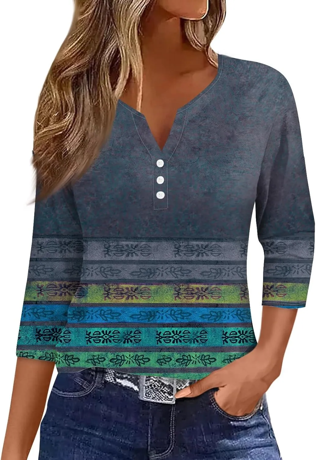 Women's 3/4 Sleeve Tops 2025 Summer Vacation Trendy Casual Shirts V Neck Loose Comfy Boho Clothes
