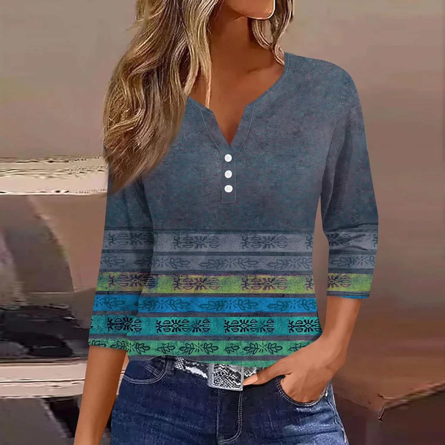 Women's 3/4 Sleeve Tops 2025 Summer Vacation Trendy Casual Shirts V Neck Loose Comfy Boho Clothes