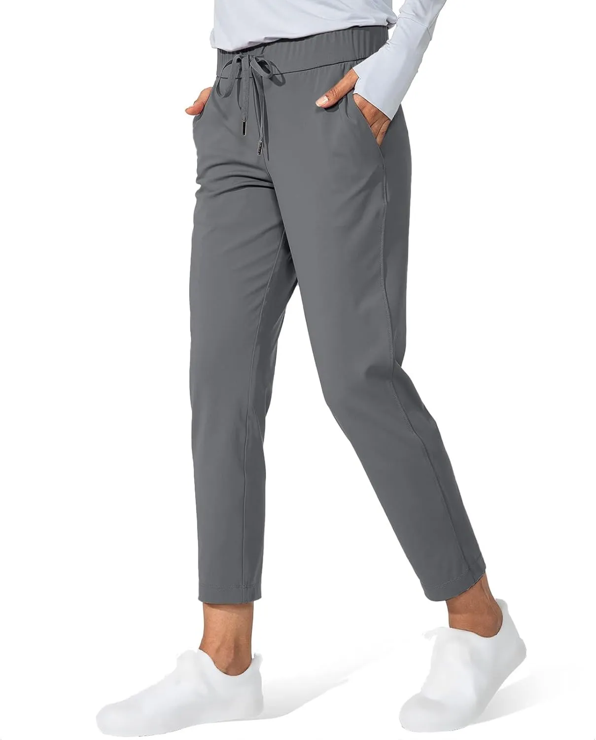Womens Ankle Length Running Pants Drawstring Elastic Waist Jogger Pants Casual Hiking Trousers with Pockets